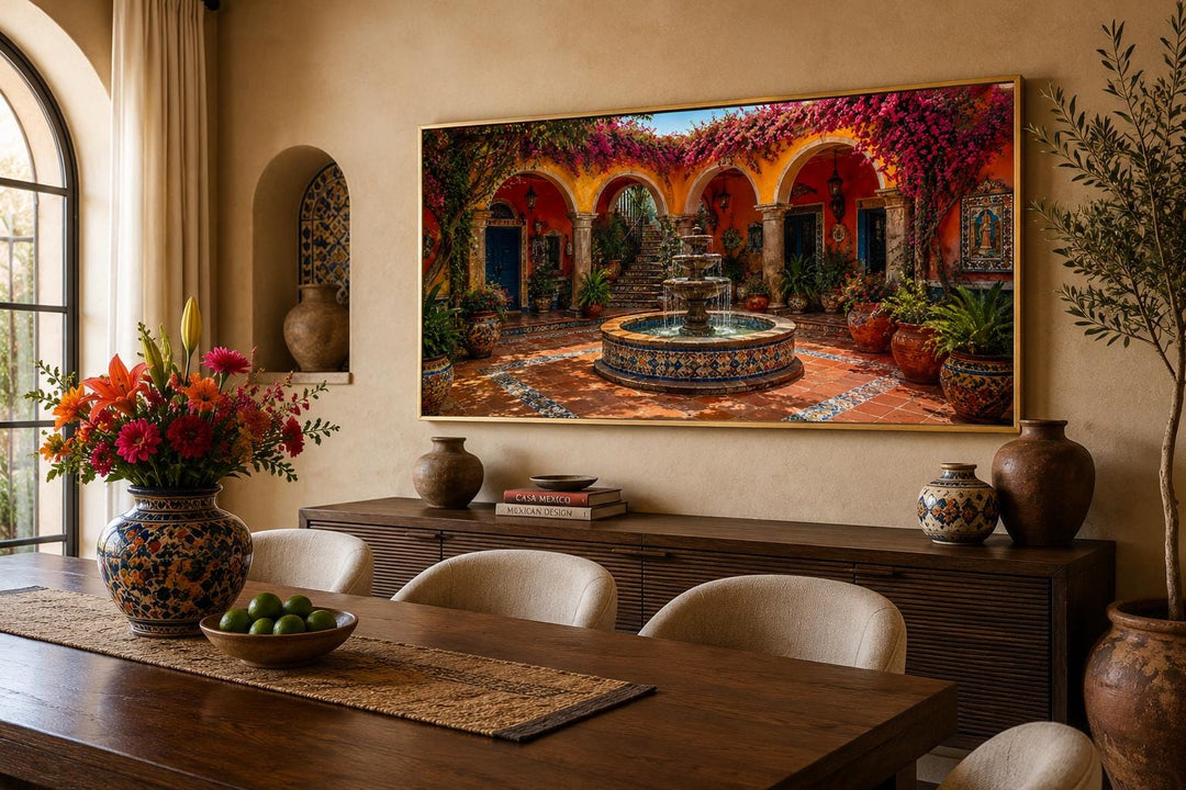 Mexican Courtyard Fountain canvas art above a dining buffet in a Spanish colonial style room.