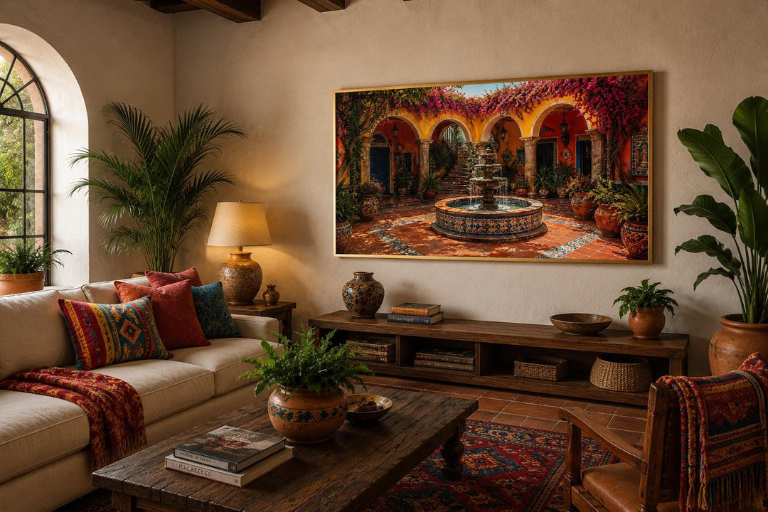 Mexican Courtyard Fountain canvas wall art in a Spanish colonial style living room.