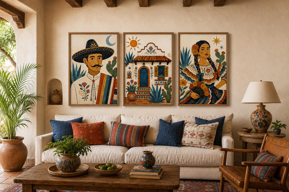 Three-piece Mexican folk art canvas set featuring a man, a casita, and a woman in a living room.