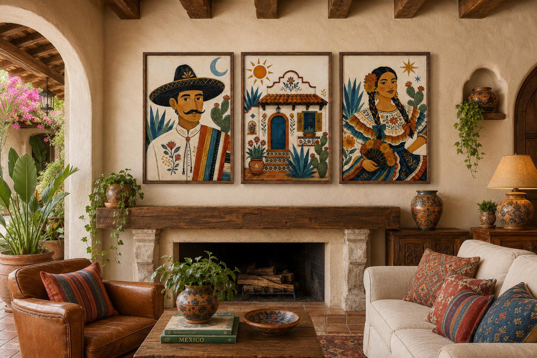 Three-piece Mexican folk art triptych featuring a man, a casita, and a woman on canvas prints.