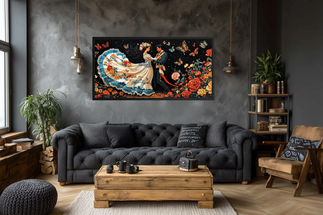 Mexican Folkloric Dance Couple canvas wall art hanging in a modern living room.