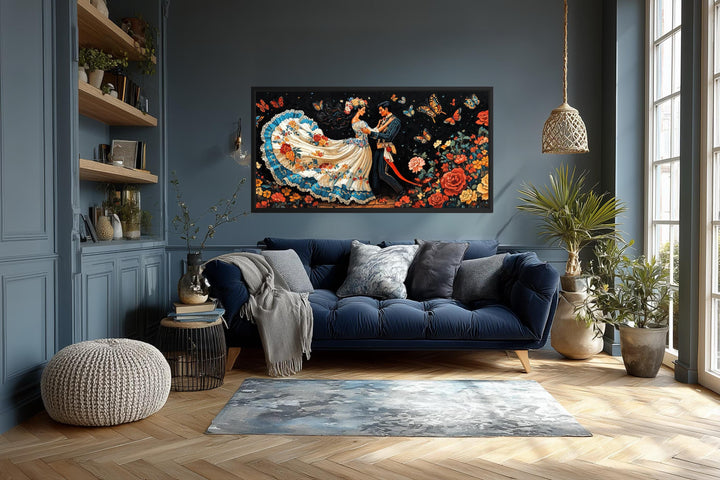 Mexican Folkloric Dance Couple canvas wall art displayed in a modern living room.