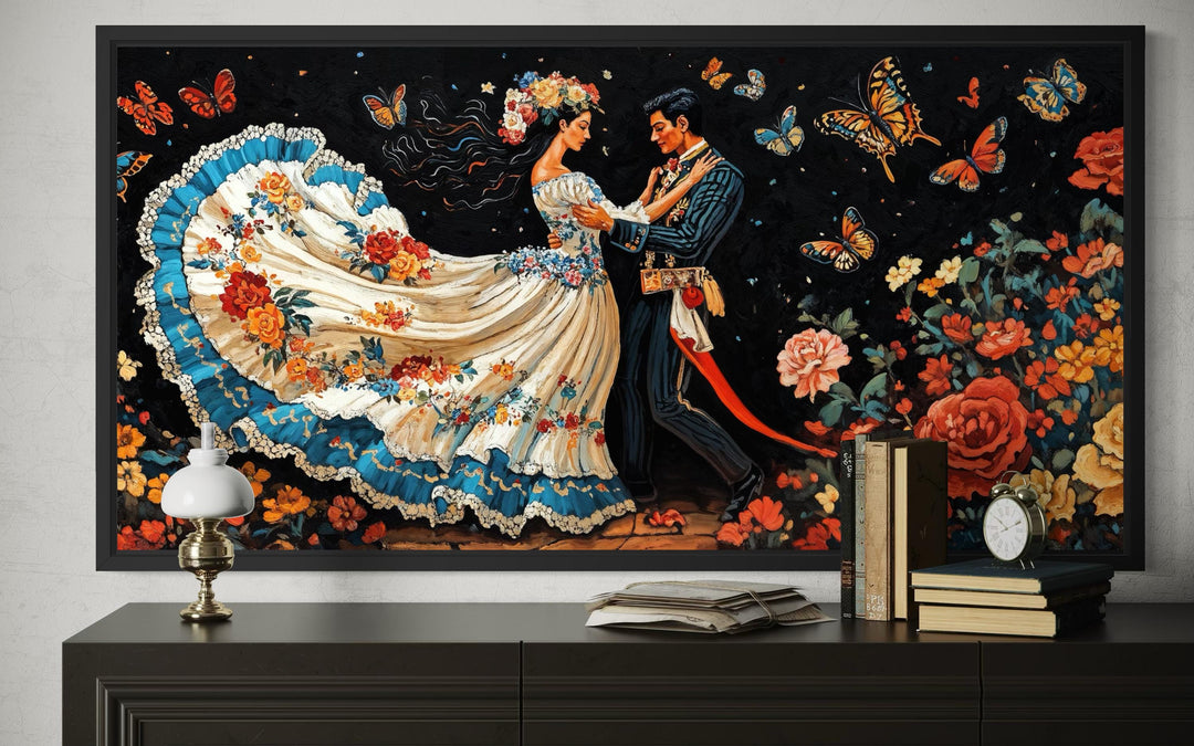 Mexican folkloric dance couple canvas wall art featuring a vibrant dancing pair and butterflies.