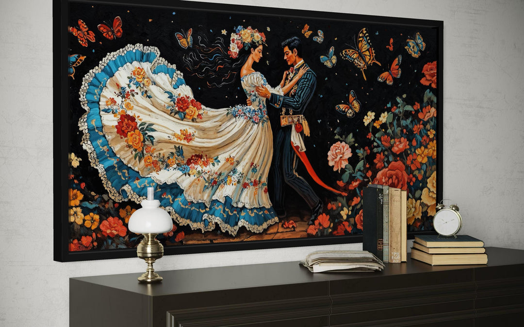 Mexican Folkloric Dance Couple canvas wall art featuring a vibrant dancing pair and butterflies.