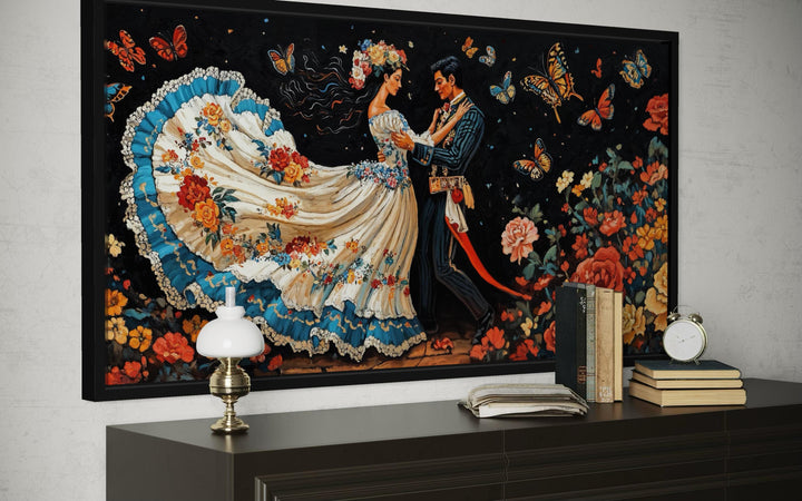 Mexican Folkloric Dance Couple canvas wall art featuring a vibrant dancing pair and butterflies.