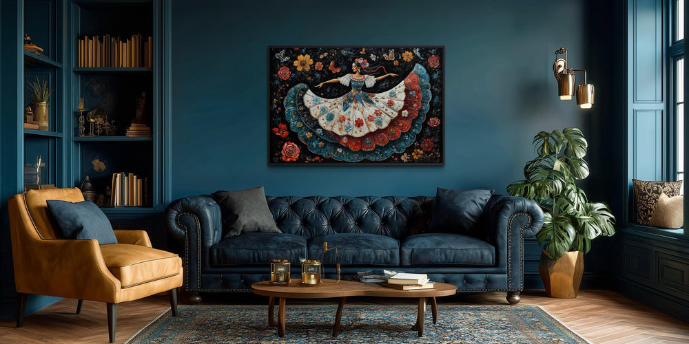 Mexican Folkloric Woman Dancer Canvas Wall Art displayed in a dark teal living room.