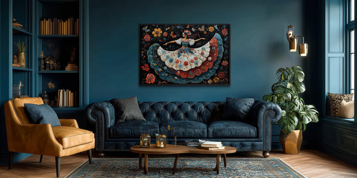 Mexican Folkloric Woman Dancer Canvas Wall Art displayed in a dark teal living room.