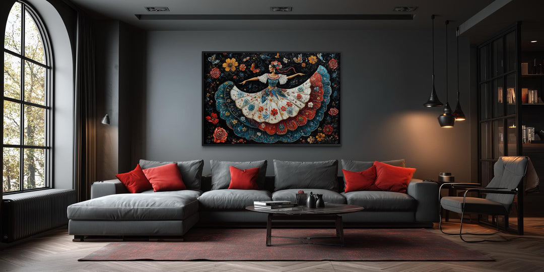 Mexican Folkloric Woman Dancer Canvas Wall Art in a modern living room setting.