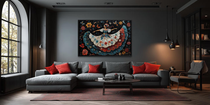 Mexican Folkloric Woman Dancer Canvas Wall Art in a modern living room setting.