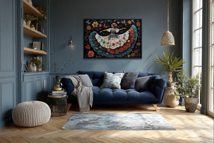 Mexican Folkloric Woman Dancer Canvas Wall Art in a dark blue living room.