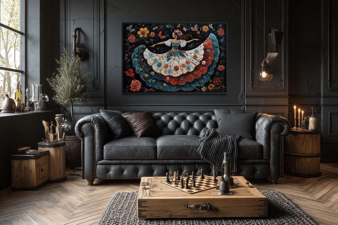 Mexican Folkloric Woman Dancer Canvas Wall Art in a dark, moody living room setting.