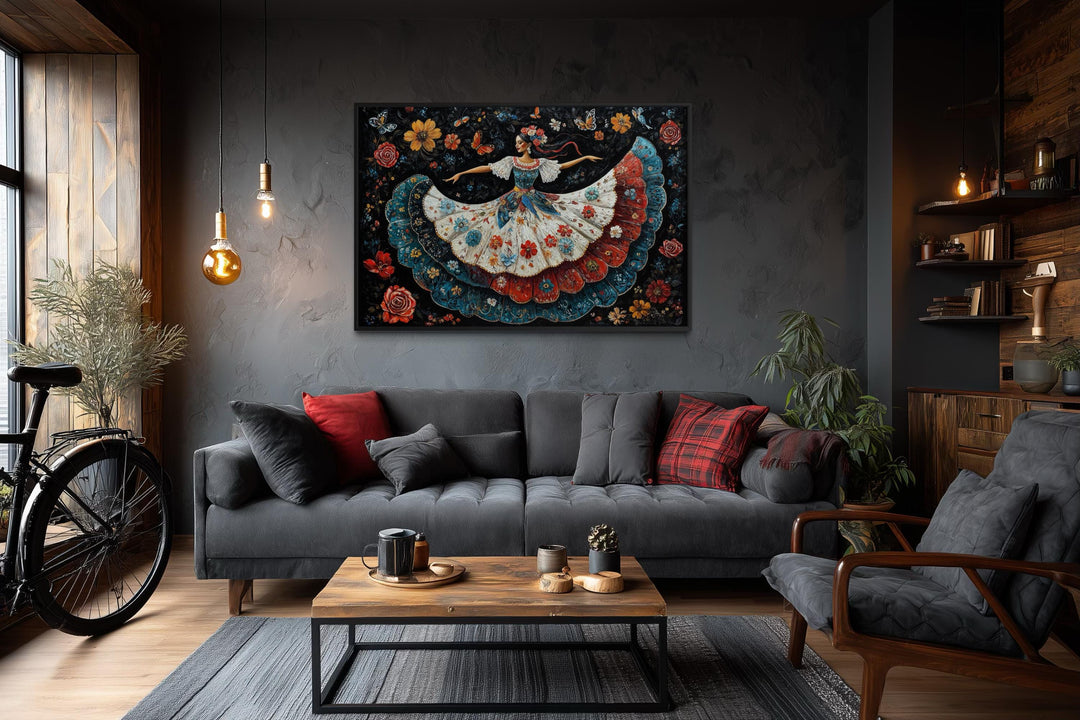 Mexican Folkloric Woman Dancer Canvas Wall Art in a dark, modern living room setting.