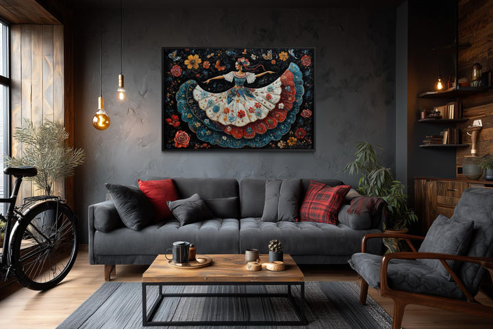 Mexican Folkloric Woman Dancer Canvas Wall Art in a dark, modern living room setting.