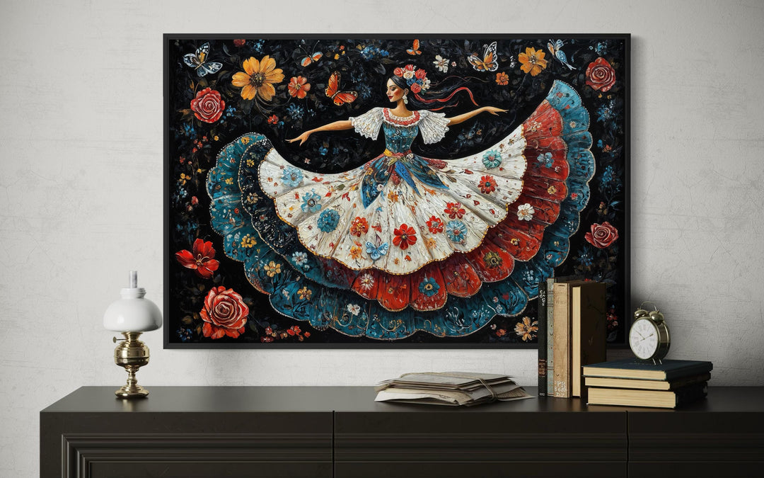 Mexican folkloric woman dancer canvas wall art featuring a vibrant floral skirt on a dark background.