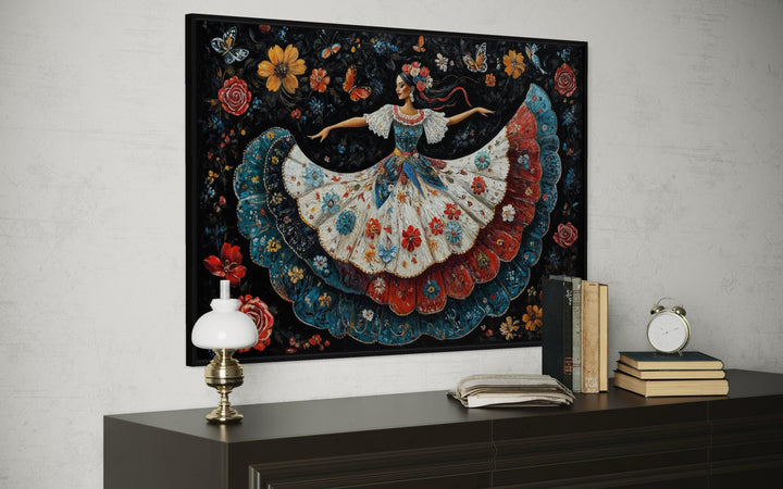 Mexican folkloric woman dancer canvas wall art in a dark, floral-patterned background.