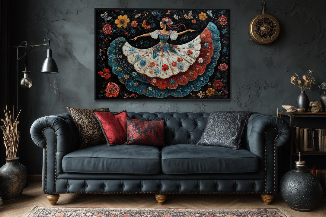 Mexican Folkloric Woman Dancer Canvas Wall Art displayed in a dark, moody living room setting.