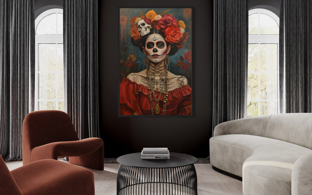 Mexican Framed Canvas Wall Art Day of The Dead Woman Painting