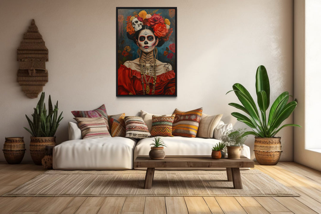 Mexican Framed Canvas Wall Art Day of The Dead Woman Painting