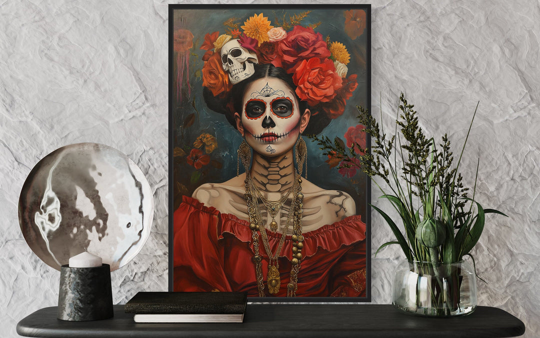 Mexican Framed Canvas Wall Art Day of The Dead Woman Painting