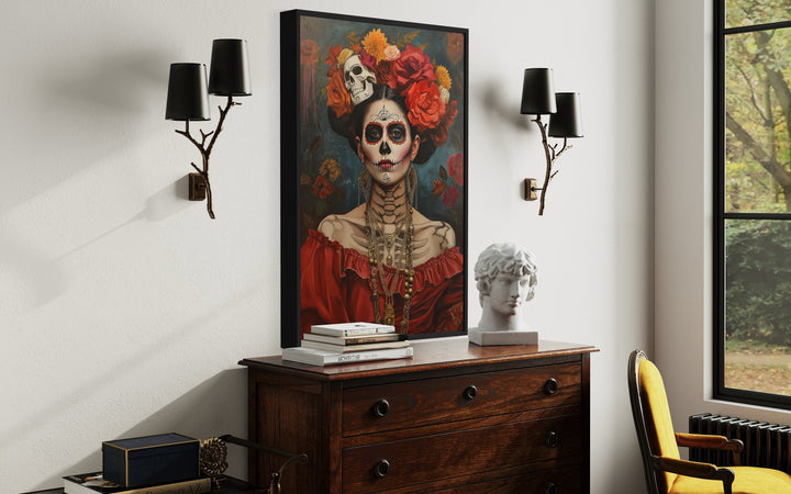 Mexican Framed Canvas Wall Art Day of The Dead Woman Painting