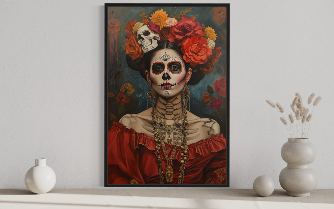 Mexican Framed Canvas Wall Art Day of The Dead Woman Painting