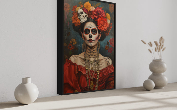 Mexican Framed Canvas Wall Art Day of The Dead Woman Painting