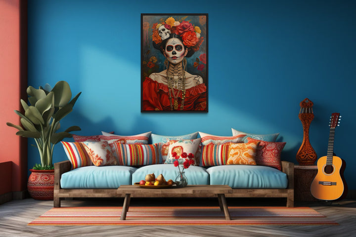 Mexican Framed Canvas Wall Art Day of The Dead Woman Painting