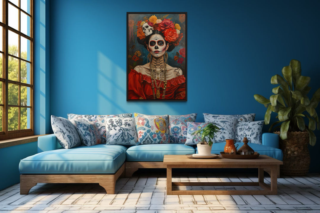 Mexican Framed Canvas Wall Art Day of The Dead Woman Painting