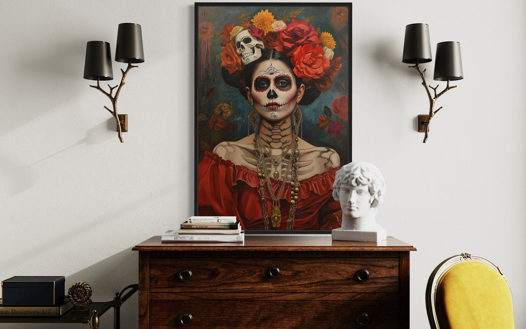 Mexican Framed Canvas Wall Art Day of The Dead Woman Painting