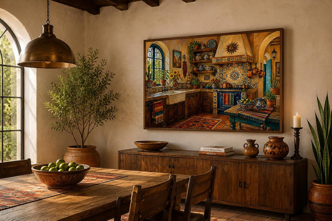 Mexican kitchen wall art canvas with Talavera tile patterns in a rustic hacienda dining room.