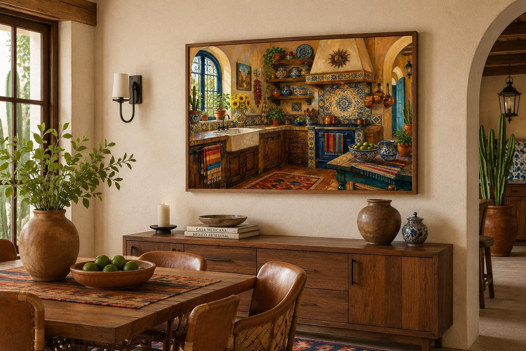 Mexican kitchen wall art canvas with Talavera tiles and hacienda decor above a wooden buffet.