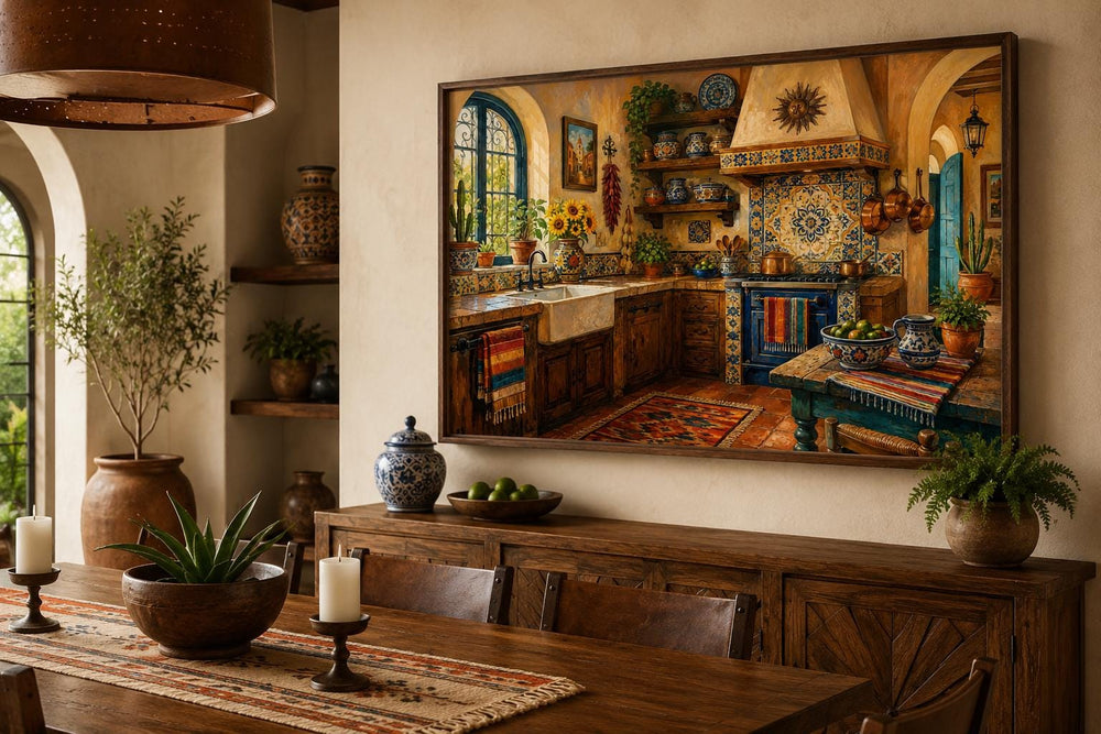 Mexican kitchen wall art canvas featuring Talavera tiles and hacienda decor in a dining room.