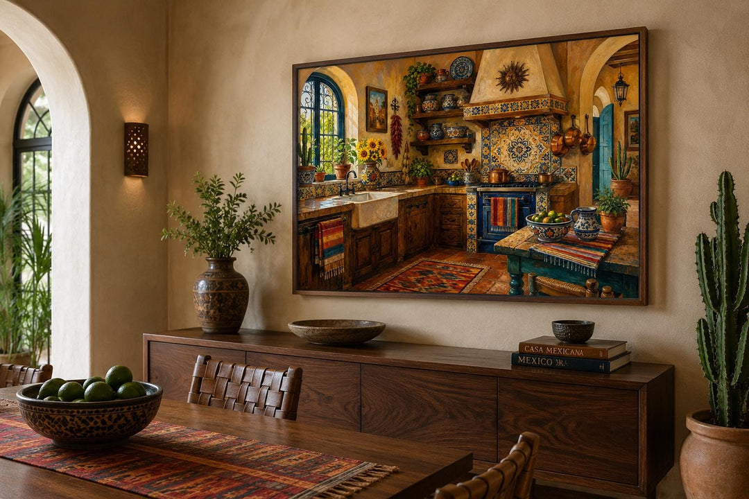 Mexican kitchen wall art canvas with Talavera tiles and hacienda decor above a wooden buffet.