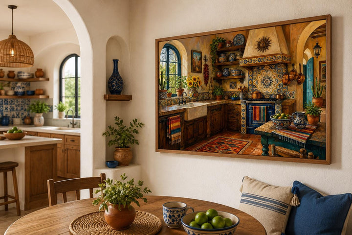 Mexican kitchen wall art canvas with Talavera tiles and hacienda decor in a rustic dining room.