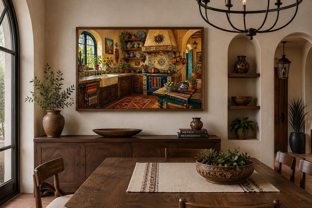 Mexican kitchen wall art canvas with Talavera tile patterns in a rustic hacienda dining room.