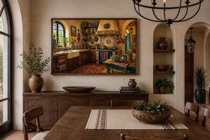 Mexican kitchen wall art canvas with Talavera tile patterns in a rustic hacienda dining room.