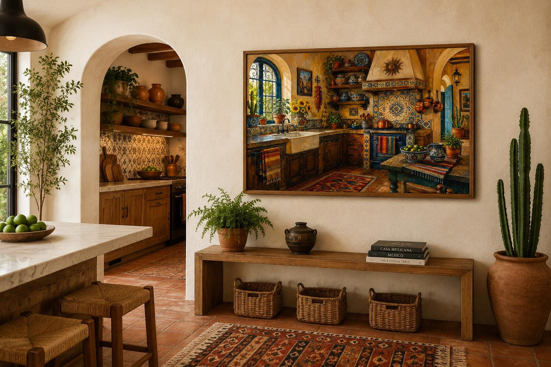 Mexican kitchen wall art canvas with Talavera tile patterns in a rustic hacienda-style interior.