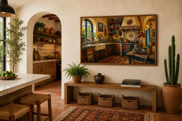 Mexican kitchen wall art canvas with Talavera tile patterns in a rustic hacienda-style interior.