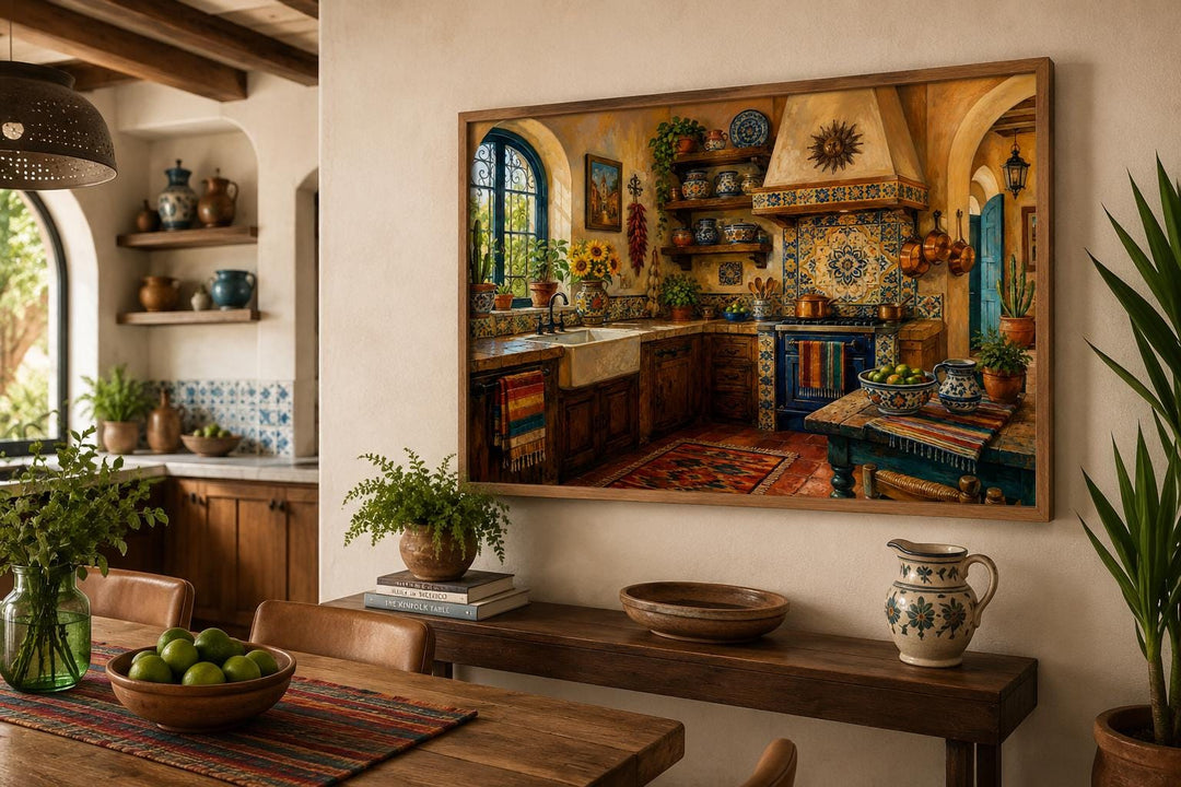 Mexican kitchen wall art canvas featuring Talavera tiles and hacienda decor in a wooden frame.