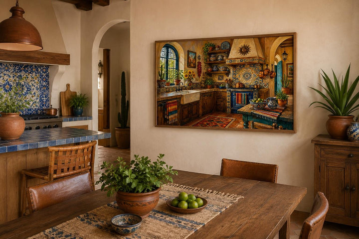 Mexican kitchen wall art canvas with Talavera tile patterns in a rustic hacienda dining room.