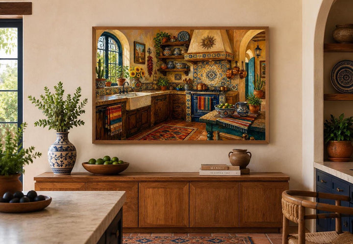 Mexican kitchen wall art canvas with Talavera tile patterns in a hacienda-style kitchen setting.