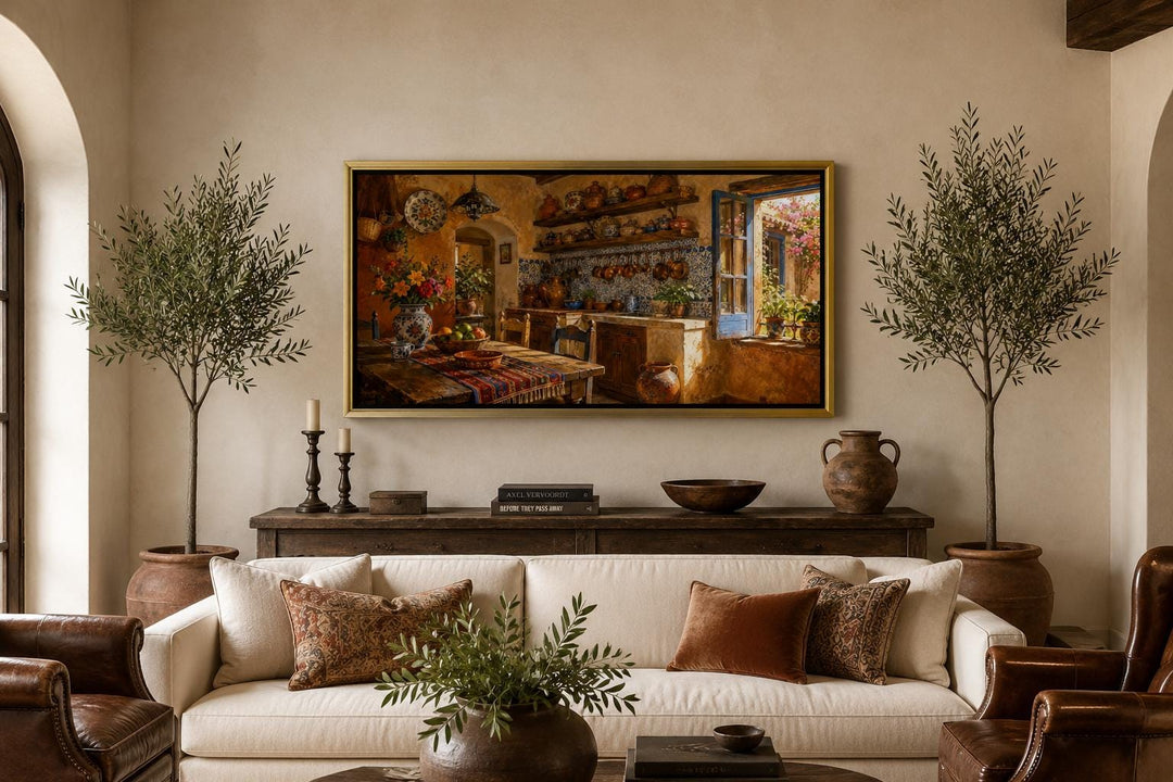 Rustic Mexican kitchen canvas print with Talavera pottery above a sofa in a warm living room.