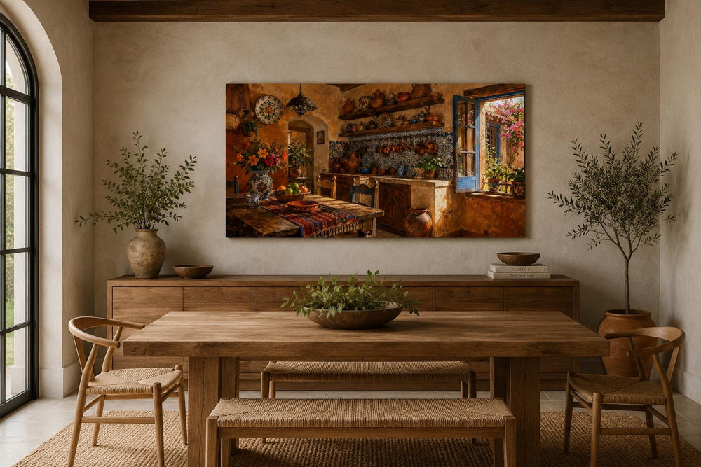 Rustic Mexican kitchen canvas print featuring Talavera pottery in a sun-drenched dining room.