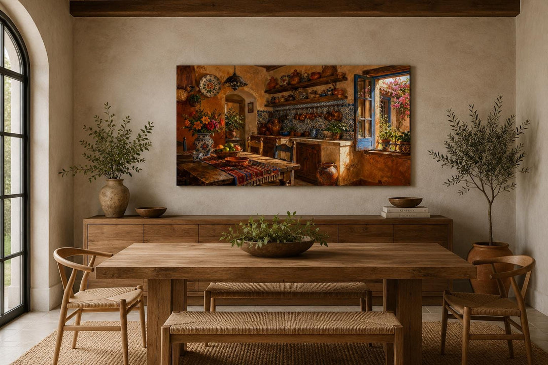 Rustic Mexican kitchen canvas print featuring Talavera pottery in a sun-drenched dining room.