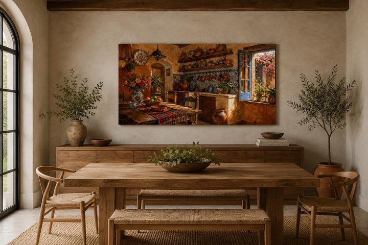Rustic Mexican kitchen canvas print featuring Talavera pottery in a sun-drenched dining room.
