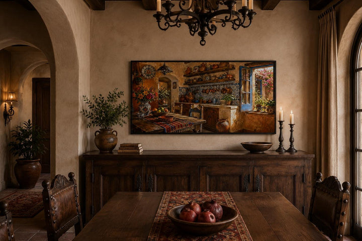 Rustic Mexican kitchen canvas print featuring Talavera pottery in a sun-warmed dining room setting.