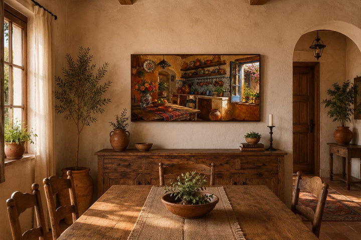 Rustic Mexican kitchen canvas print featuring Talavera pottery in a sun-drenched dining room.