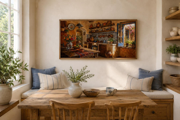 Rustic Mexican kitchen canvas print featuring Talavera pottery in a sunlit, warm interior setting.
