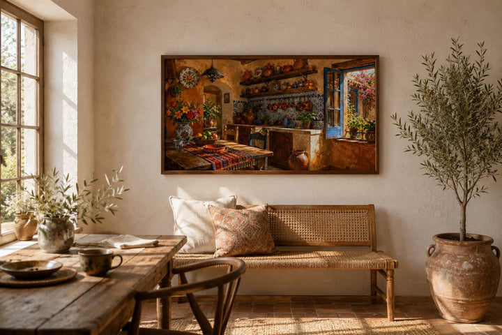Rustic Mexican kitchen canvas print featuring Talavera pottery in a sun-drenched dining room.