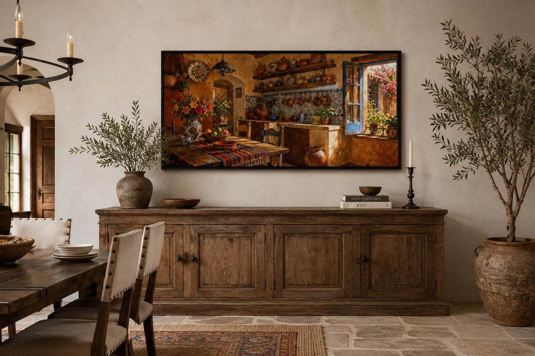 Rustic Mexican kitchen wall decor canvas print featuring Talavera pottery in a sunlit dining room.